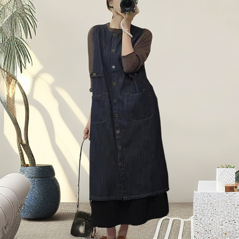 【昊雅】文艺韩版宽松休闲气质单排扣牛仔背心减龄连衣裙 调节腰扣
