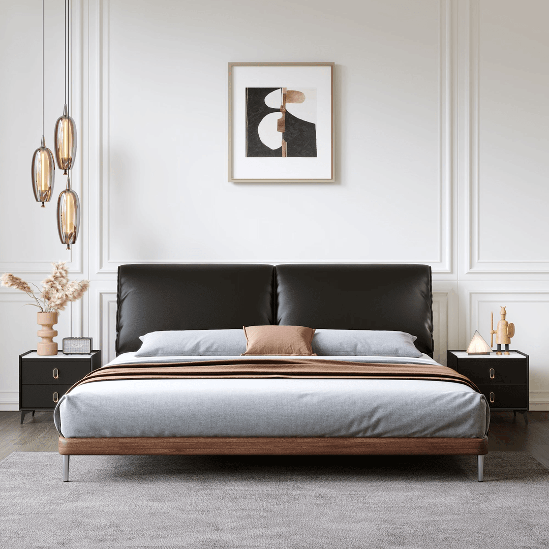 遇想大象耳朵榉木悬浮主卧大床婚床进口头层牛皮家用黑胡桃实木床