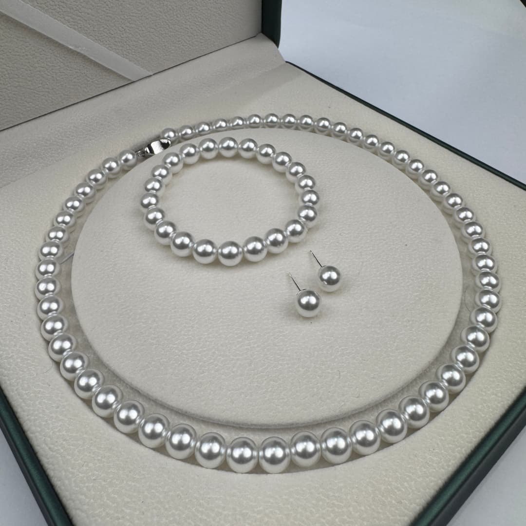 铜合金仿珍珠项链 8-9mm白色元宝扣项链赠手链耳钉TZB608