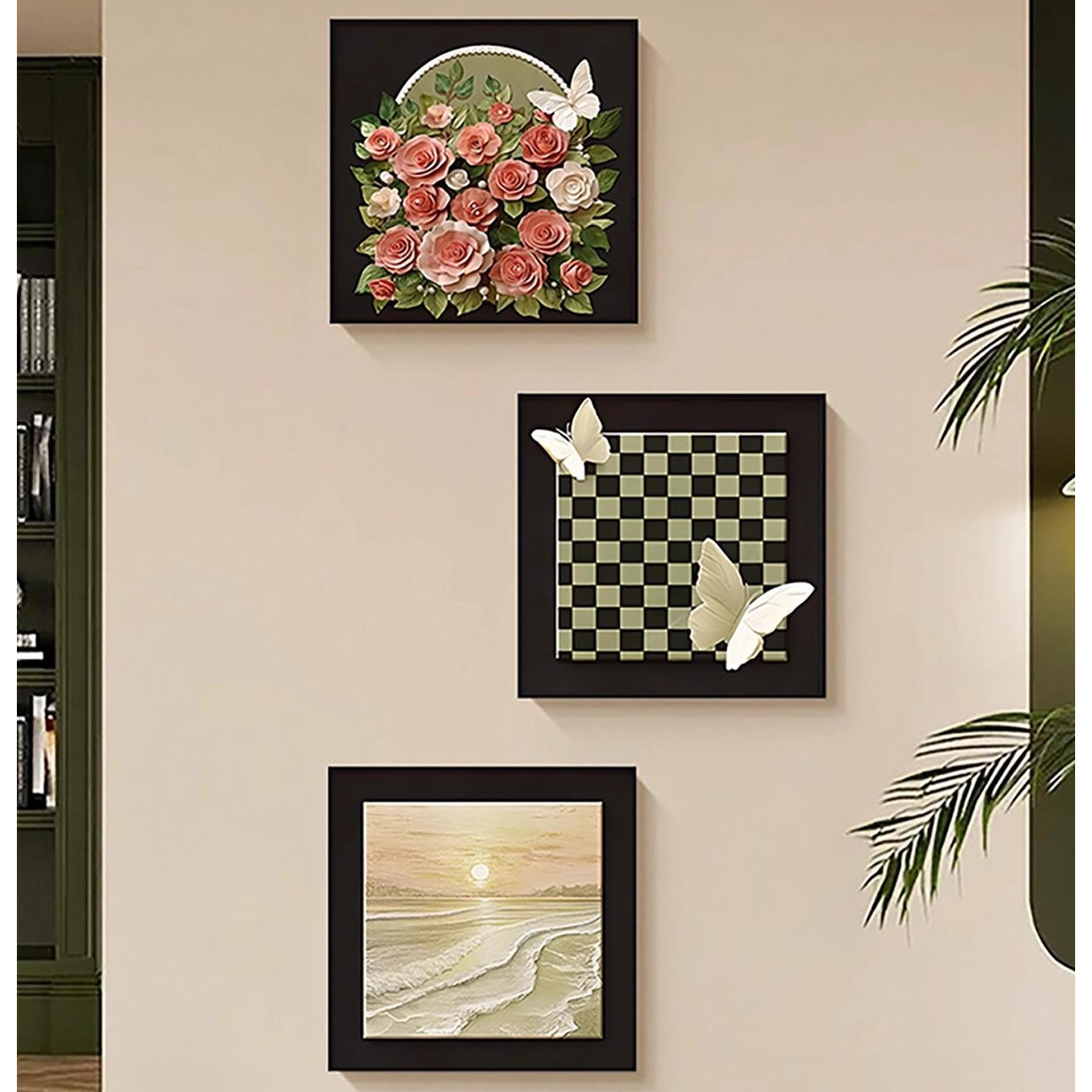 法式玫瑰蝴蝶入户玄关装饰画中古风客厅三联挂画走廊过道复古壁画