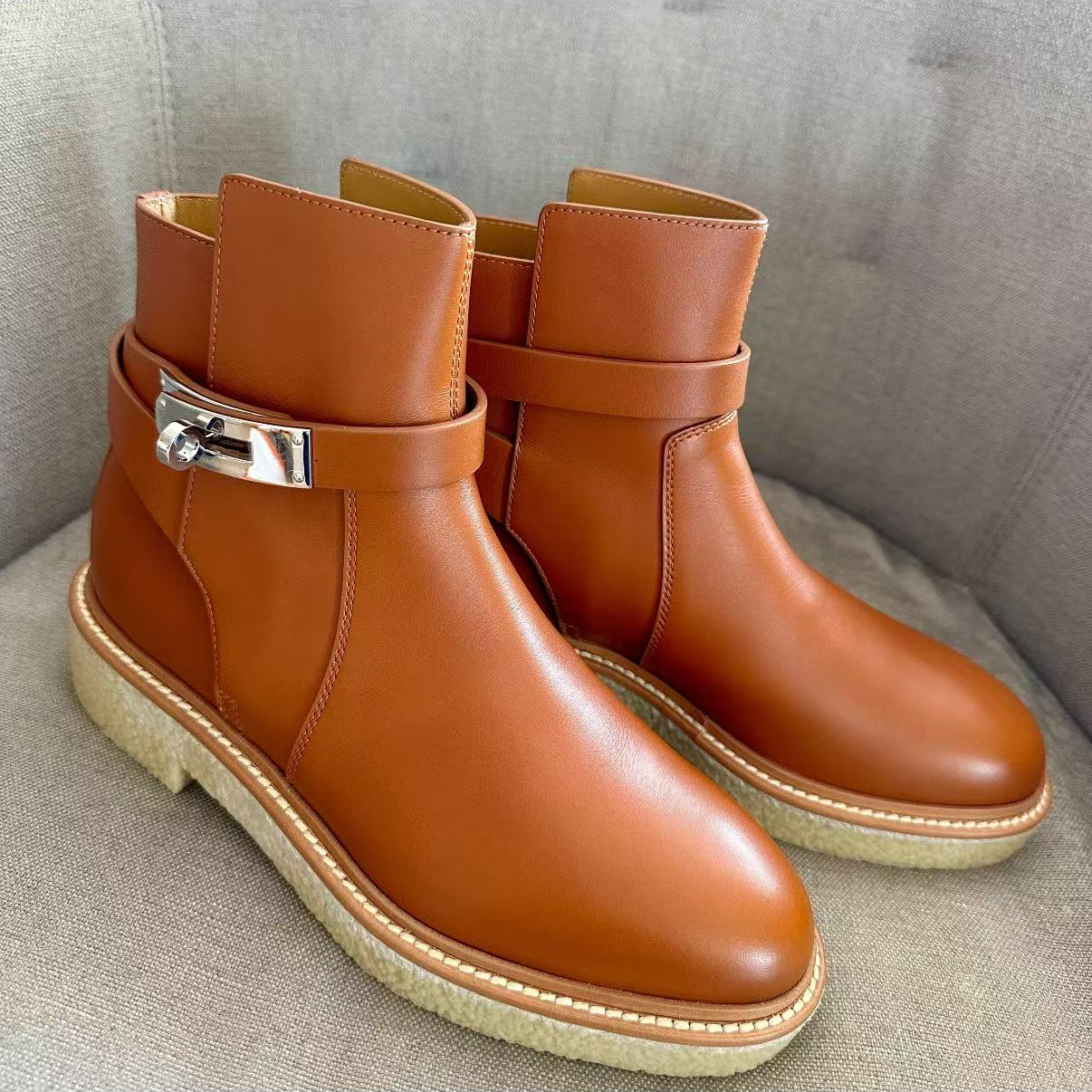 99新 Hermes/爱马仕 金棕色牛筋底neo短靴 38