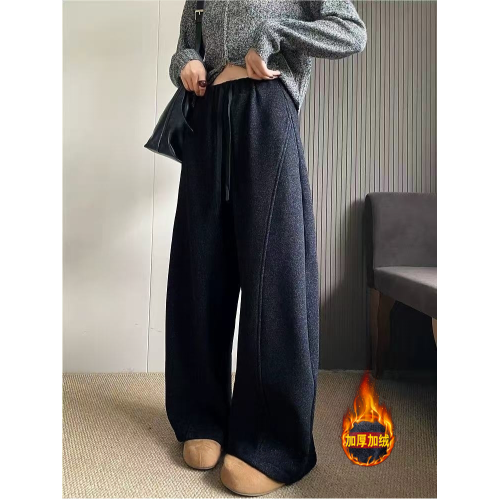 加绒加厚松紧高腰加宽阔腿直筒裤女秋冬新款休闲弯刀梧桐裤