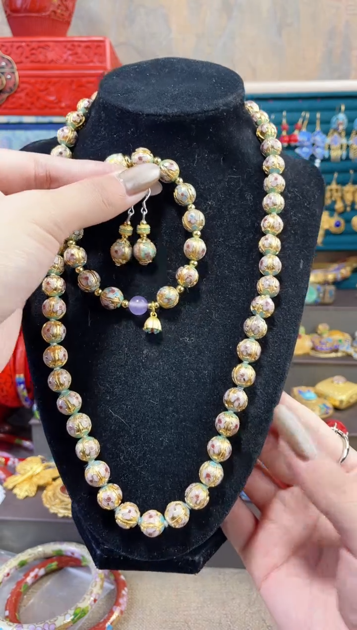 【闪购商品】景泰蓝珠链金地瓜棱1.0加手串加耳环套粉