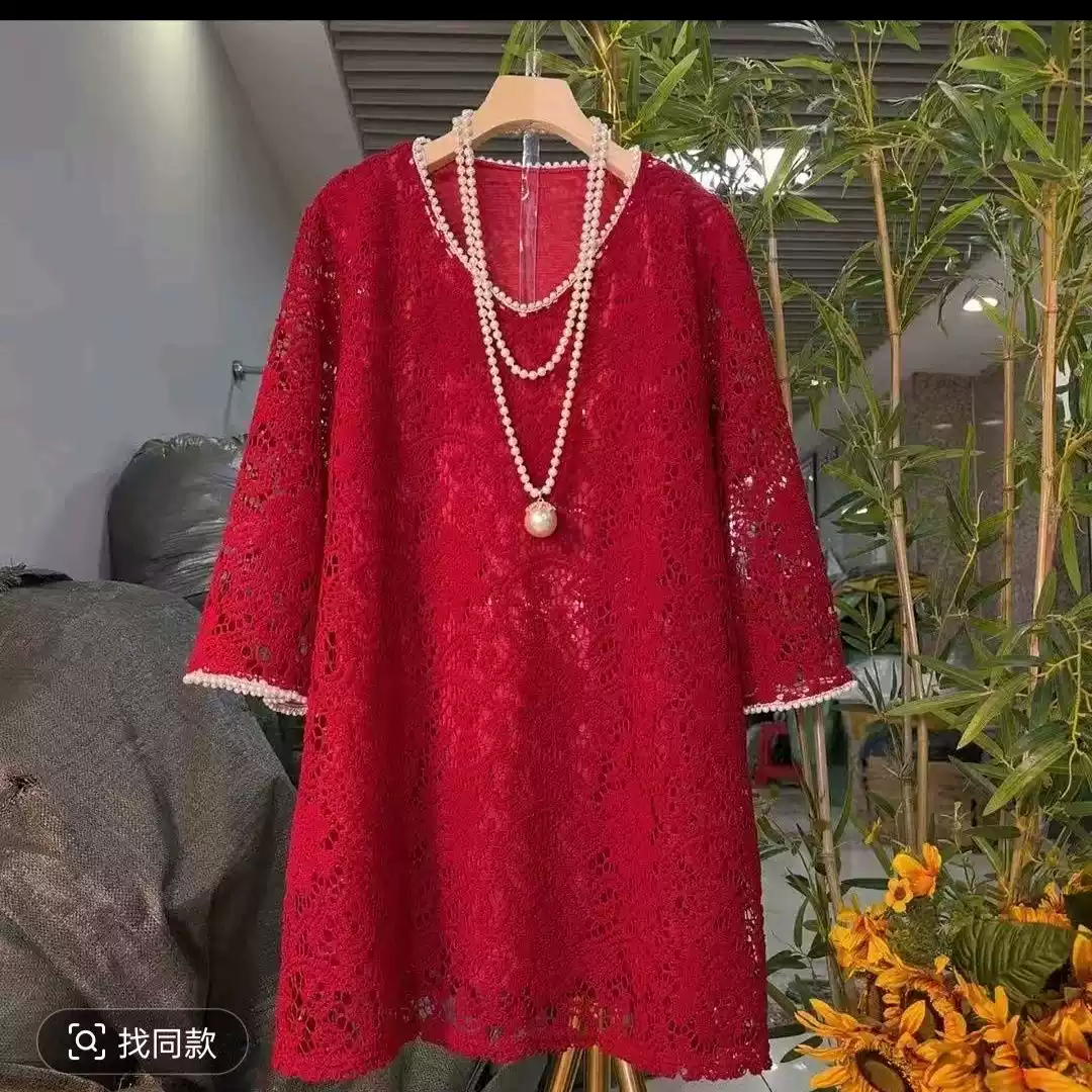 新年七分袖重工镂空勾花刺绣订珠蕾丝宽松显瘦遮肉韩系气质上衣