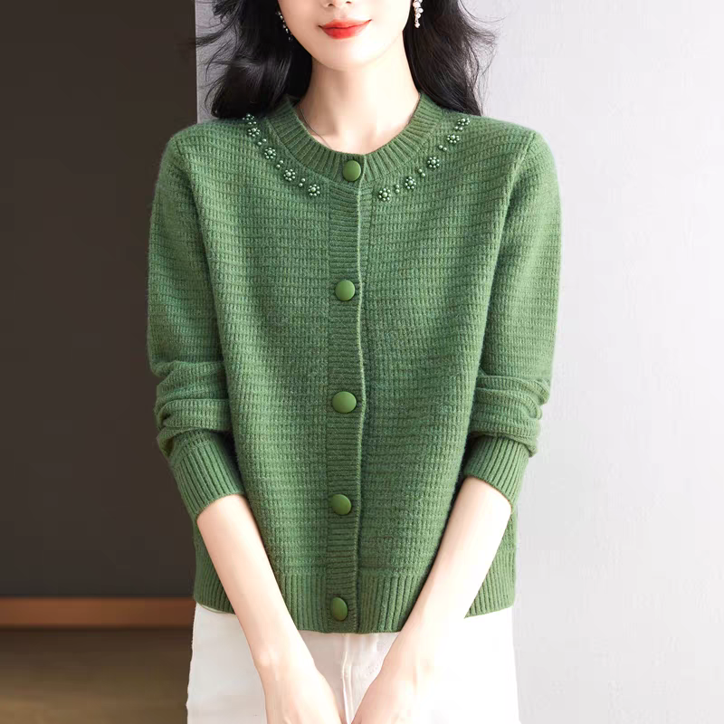 时尚钉珠女毛针织衫女秋季彩点小香风圆领开衫秋季薄款毛衫外搭