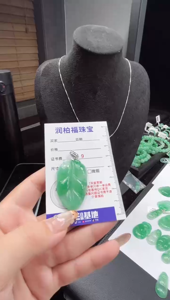 吊坠(赠链)银S925镶嵌石英质玉（非洲翠）14.33叶子