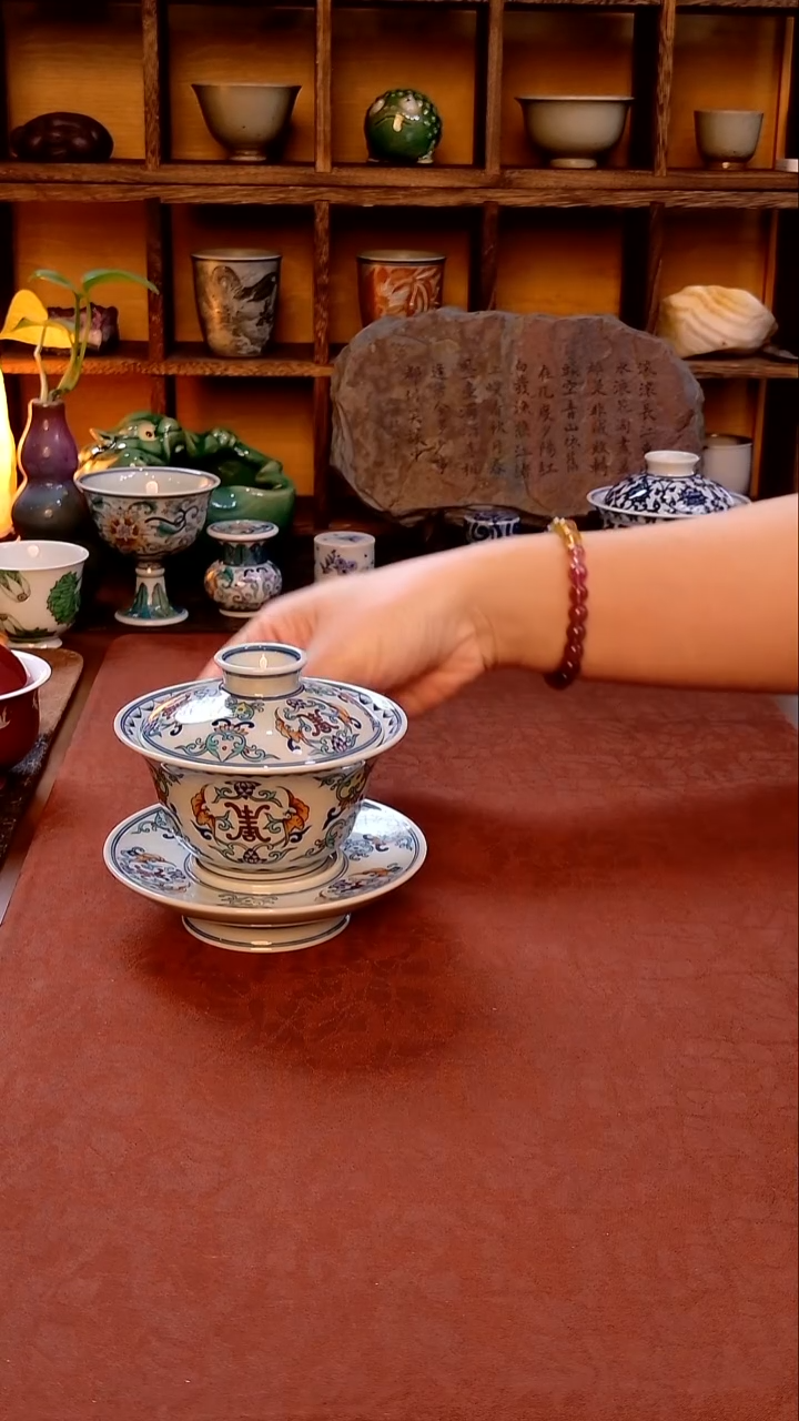 【手工手绘福寿斗彩三才盖碗】