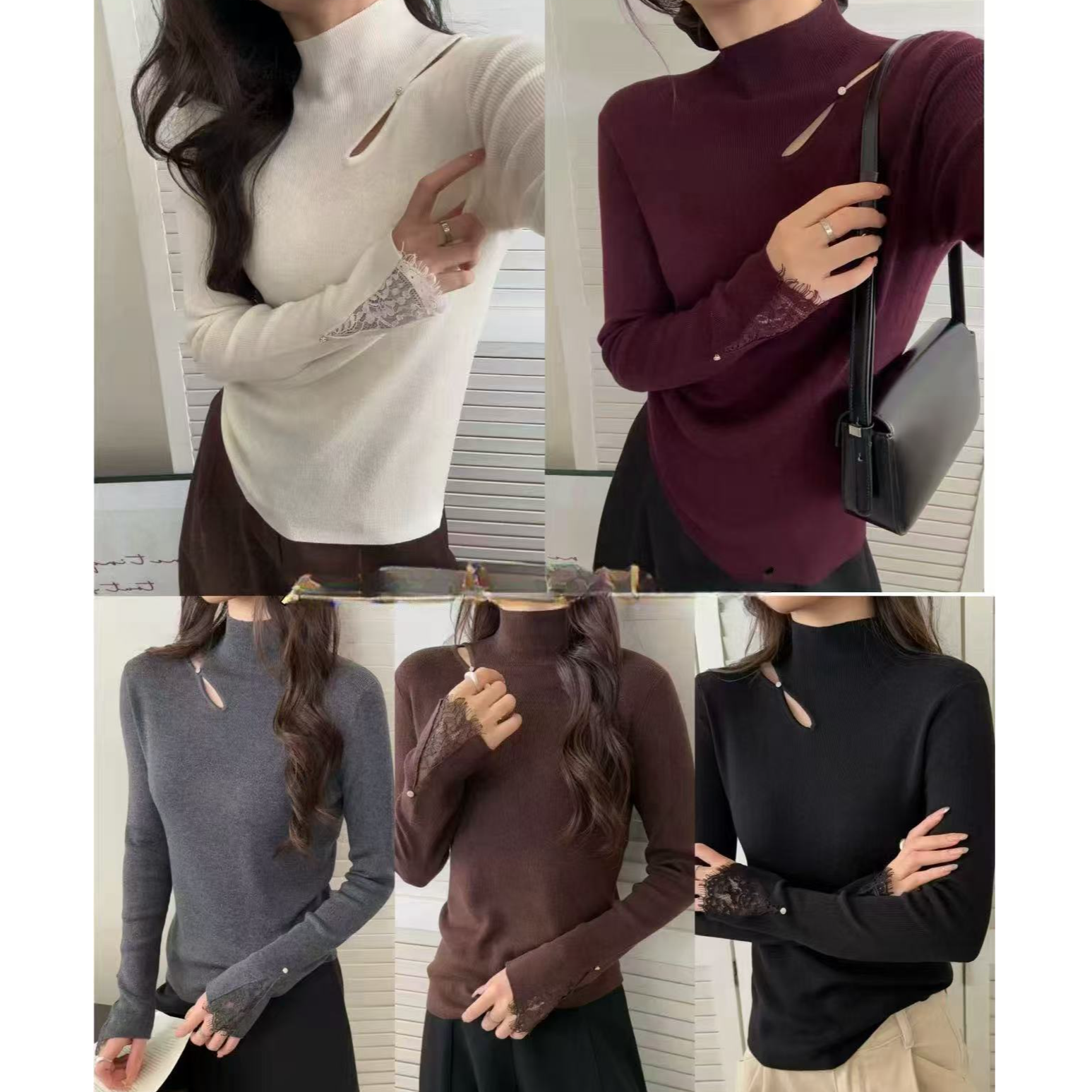 【墨臻精选】2025年冬季长袖镂空拼蕾丝厚款毛衣立领毛针织衫1027