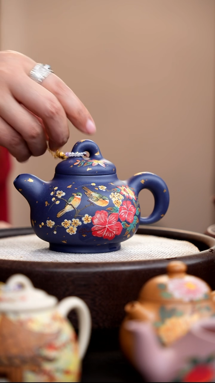 茶壶紫砂宝石蓝道洪石瓢泥绘双鸟