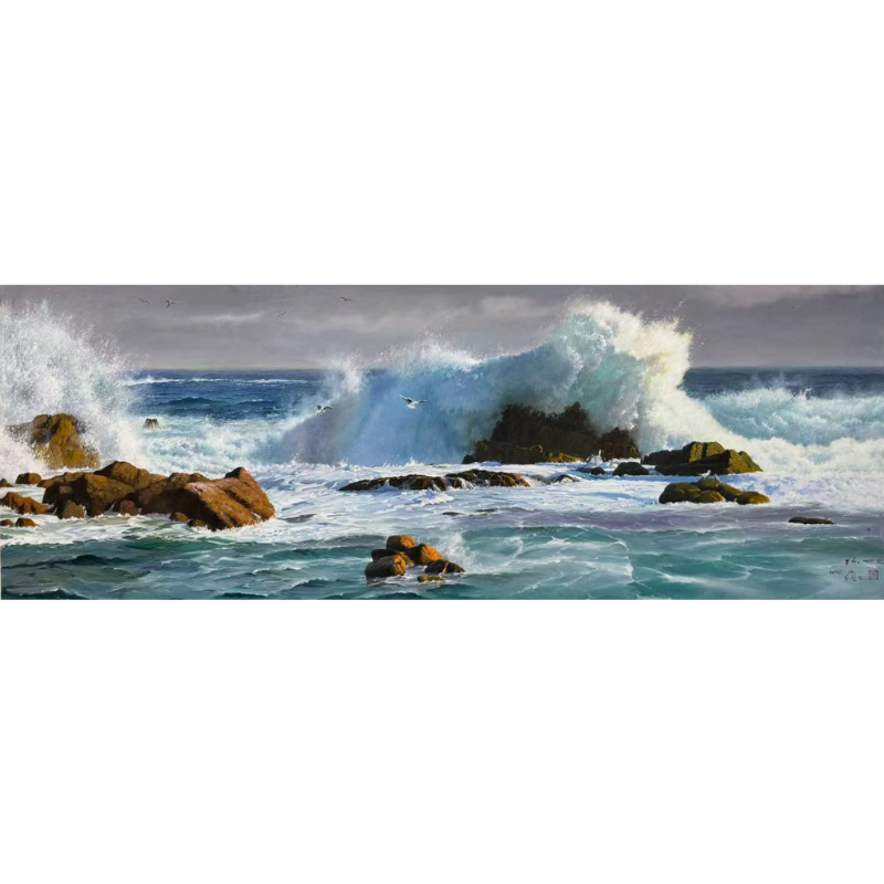 【大作精品】110x300cm大海 办公室画客厅画沙发背景纯手工手绘