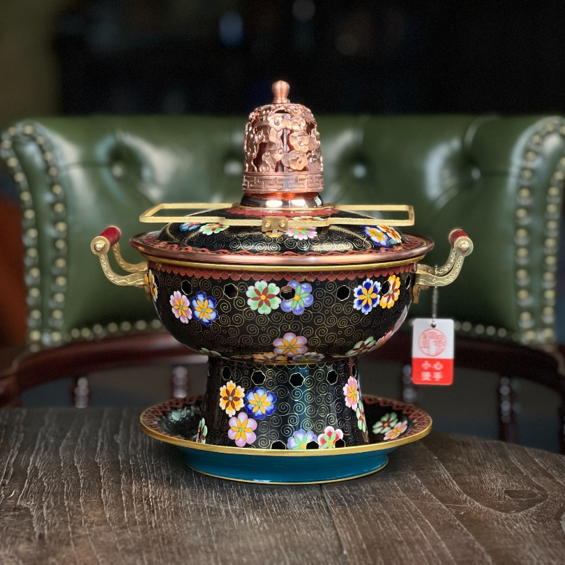 铜景老王｜黑底皮球花｜新京玺｜非遗景泰蓝铜火锅