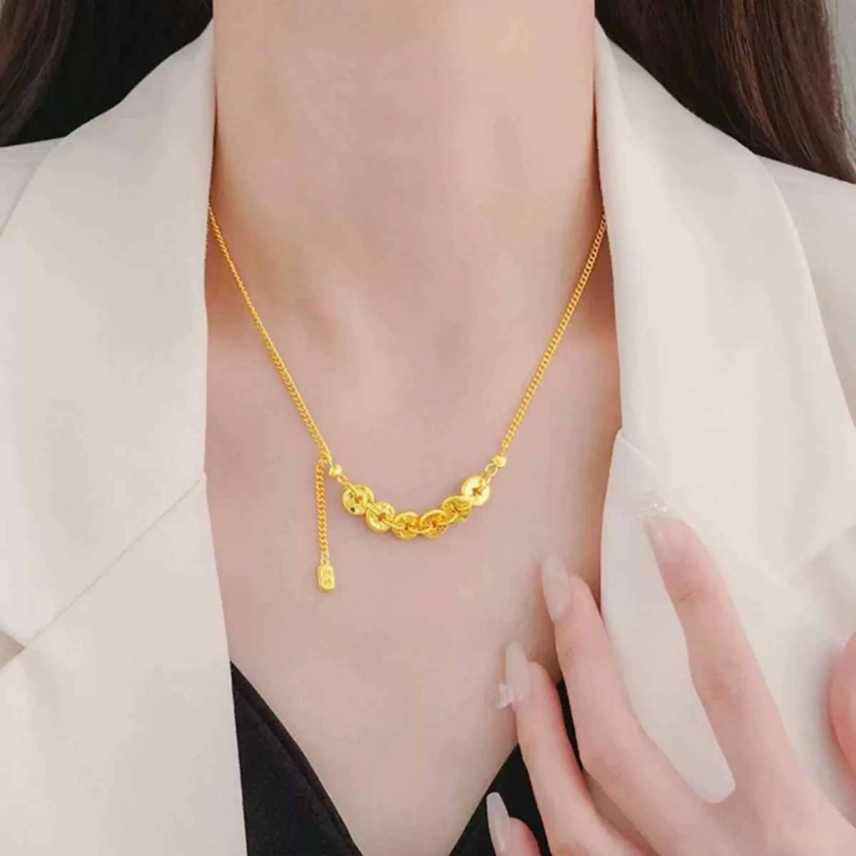 合金项链 五帝钱坠链时尚百搭轻奢女款项链