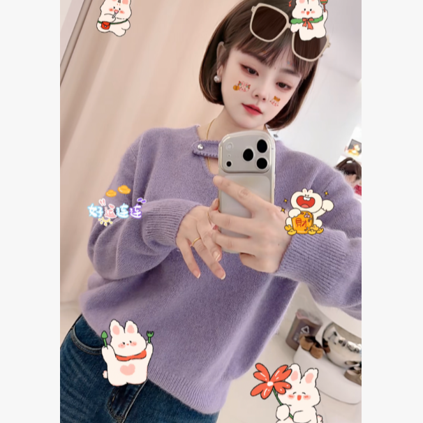 韩版设计款小V珠珠领口慵懒风针织衫女