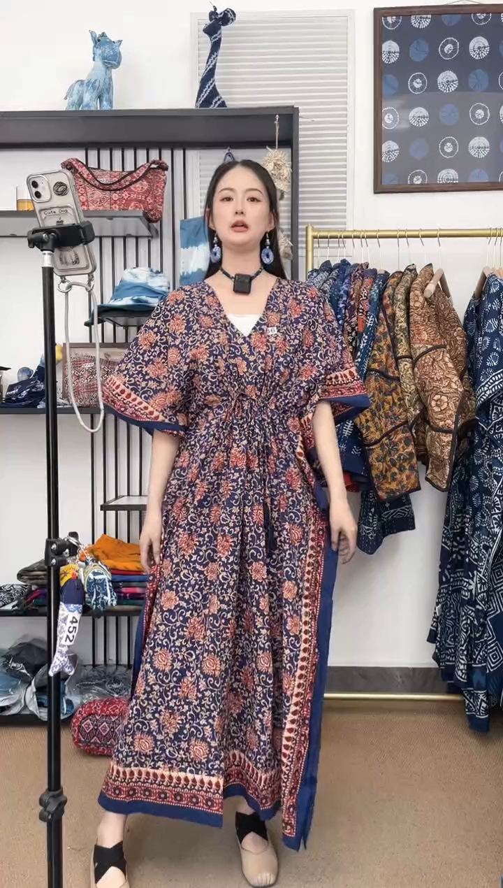 【闪购商品】436印度长绒棉拓印彩色卡夫坦130cm