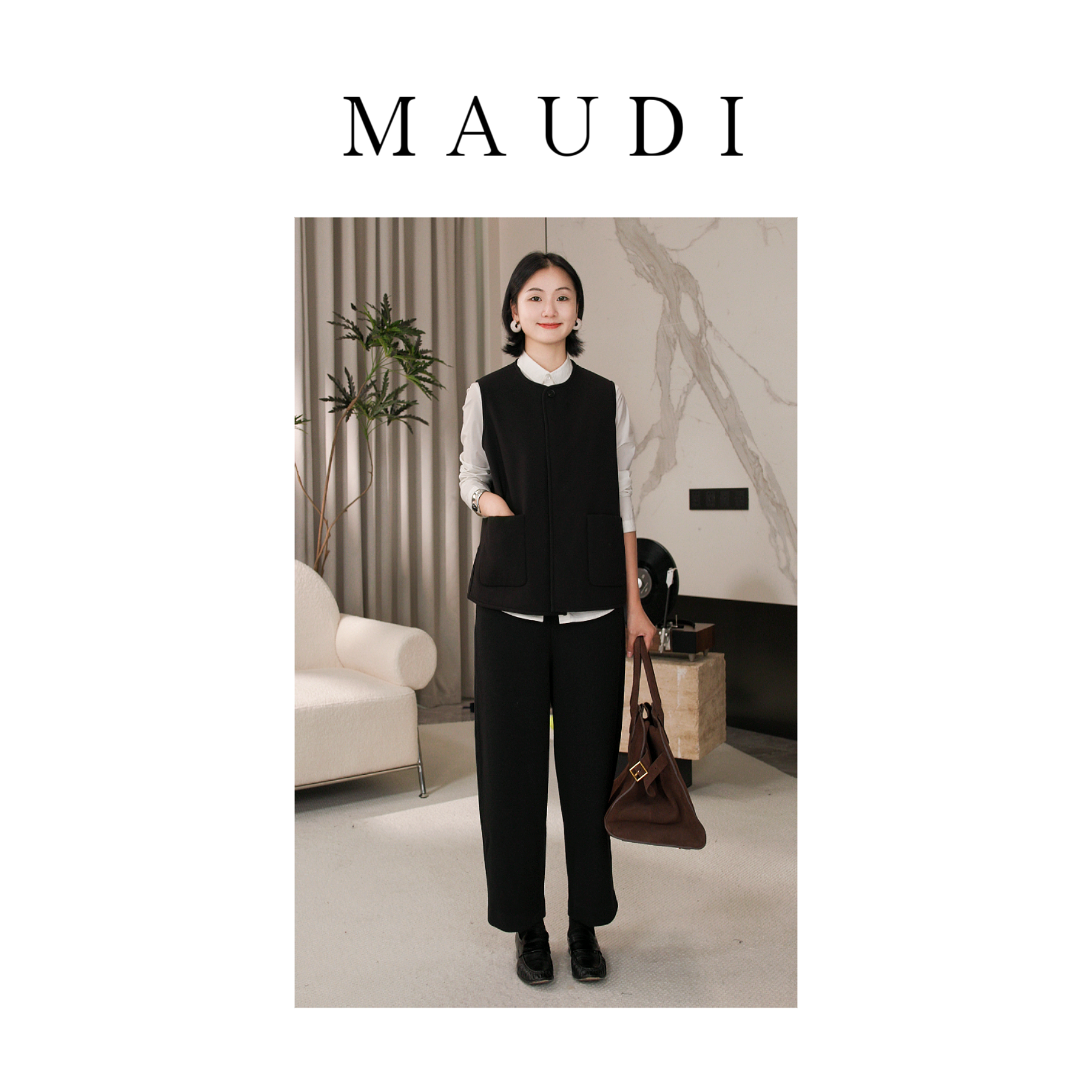 MAUDI【岁月箴言 羊 毛马夹】秋冬气质优雅单排扣丝棉马夹背心8071