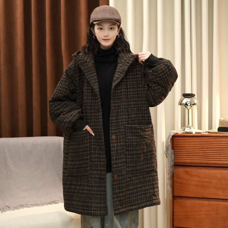【一恬家】2025秋冬新款复古百搭格子连帽加绒加厚棉服外套~