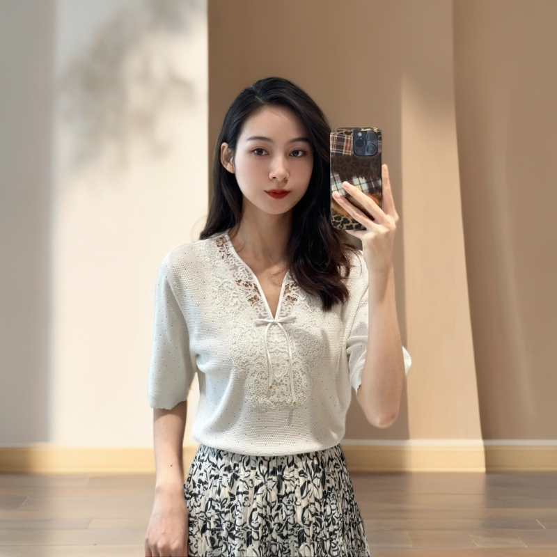 GXO 2025夏季新款蝴蝶结气质V领针织衫SY0133