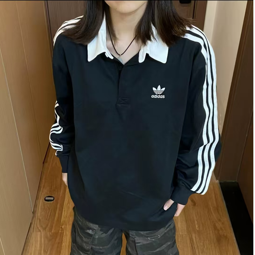 adidas/三叶草ADICOLOR欧若风柔软休闲黑色舒适长袖POLO衫IZ4806