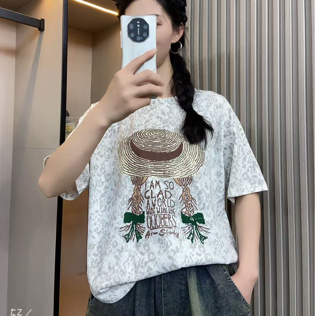 【1962】夏季新款时尚百搭宽松减龄韩版雪花棉印花豹纹草帽短袖T恤