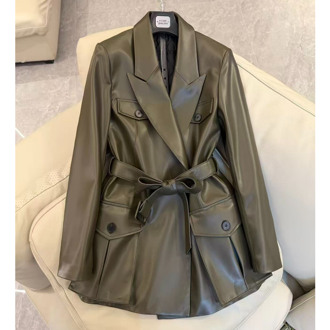 【羊毛内胆】冬季新款真皮小羊皮宽松系带中长款休闲西装皮衣外套女