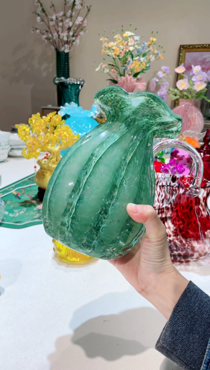 【闪购商品】琉璃手工艺品绿色荷包花瓶 微瑕