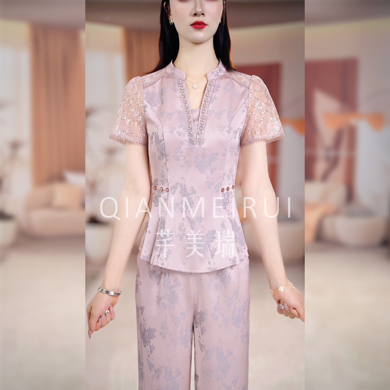 【芊美瑞】25B-175轻奢时尚修身套装2025夏季新款显瘦阔腿裤两件套