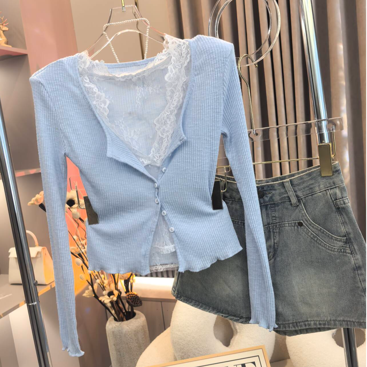 【A9830墨丽】2025春款修身百搭长袖防晒纯欲上衣+蕾丝打底两件套