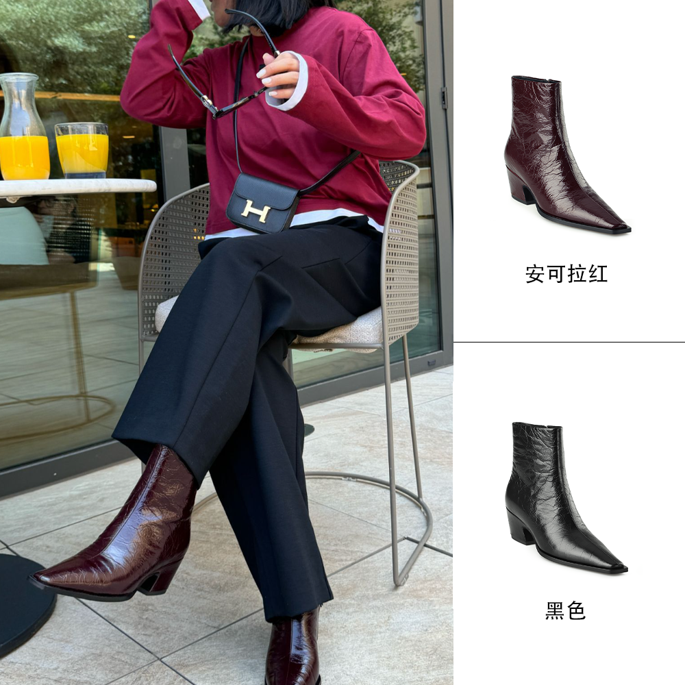 MANIKA GUAN 25新款秋冬时尚百搭裂皮纹斜头高跟爆款短靴MK191356