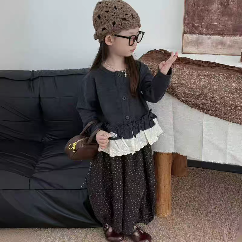 2025秋季韩版女宝花边长袖碎花灯笼裤森系套装女童时尚洋气