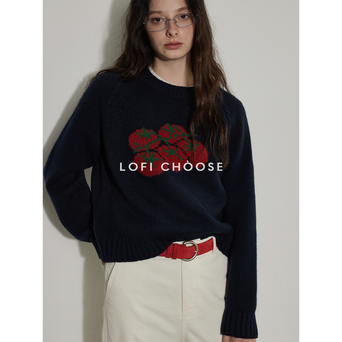 Lofi choose 番茄提花圆领套头针织毛衣女冬季新款设计感宽松上衣