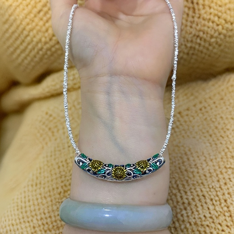 坠链均925银珐琅 七牌银楼纯银纯手工百搭时尚锁骨向阳花项坠