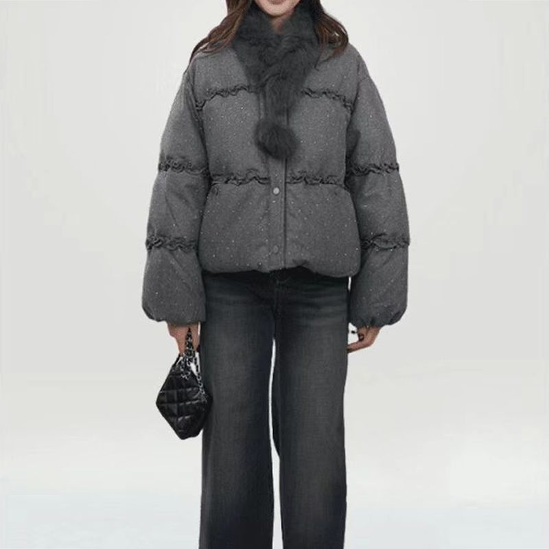 2025年冬季新款韩版烫钻呢料带毛毛棉服时尚潮流保暖外套