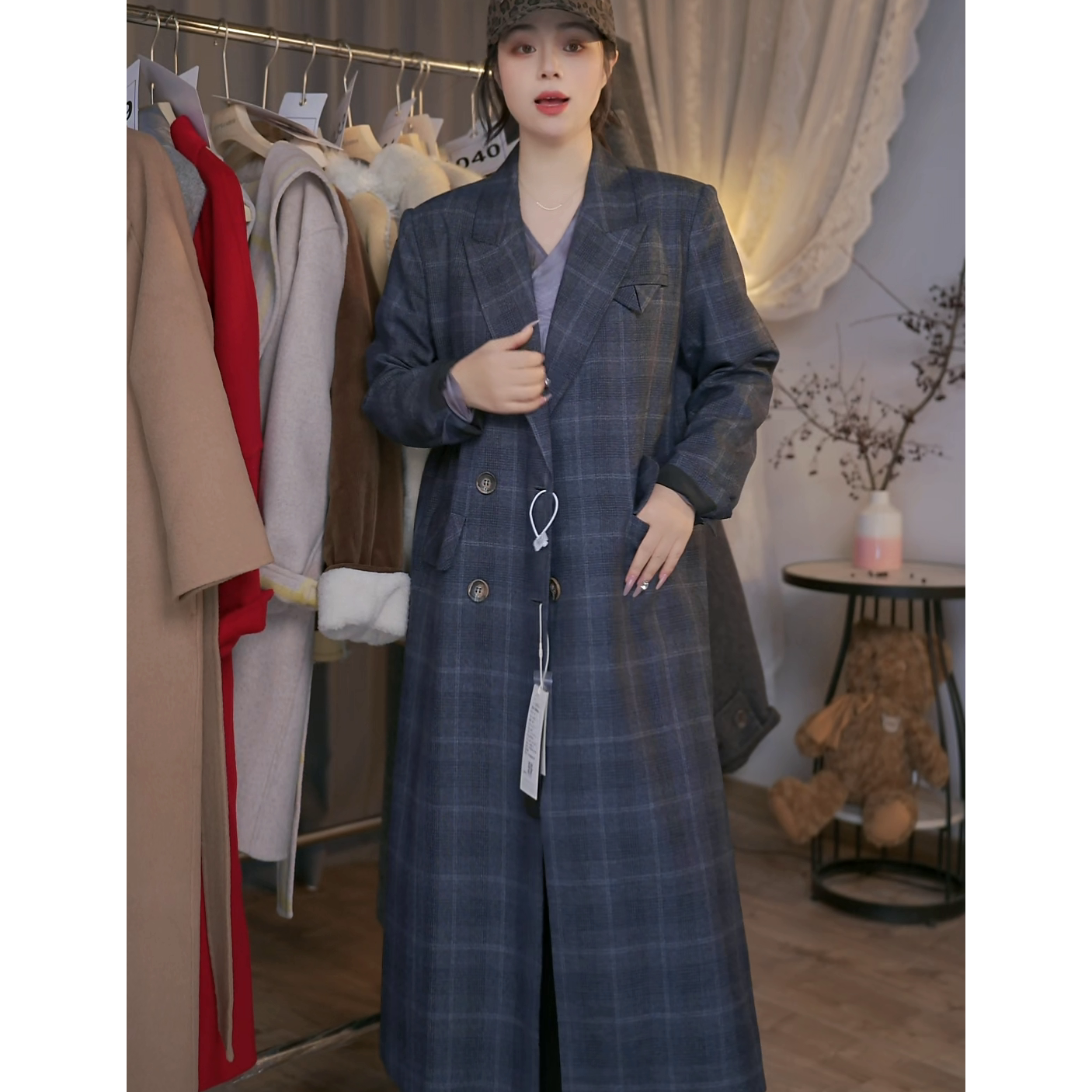 常规款森系格子西装领宽松型风衣时尚上衣格纹休闲百搭女士羊绒