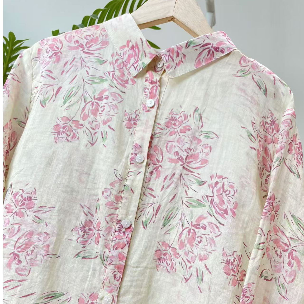 【小清新温柔粉花苎麻衬衫】2929