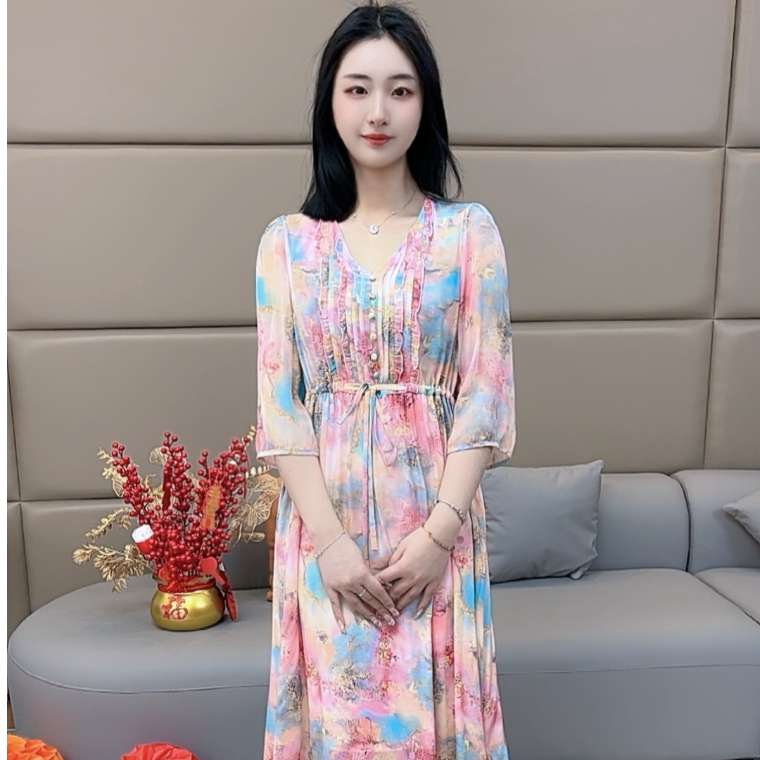 《桃霞流云》法式真丝连衣裙气质时尚印花 90483