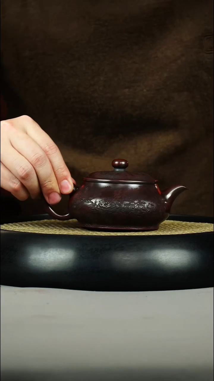 茶壶紫砂古红泥 明炉 刻绘 花鸟