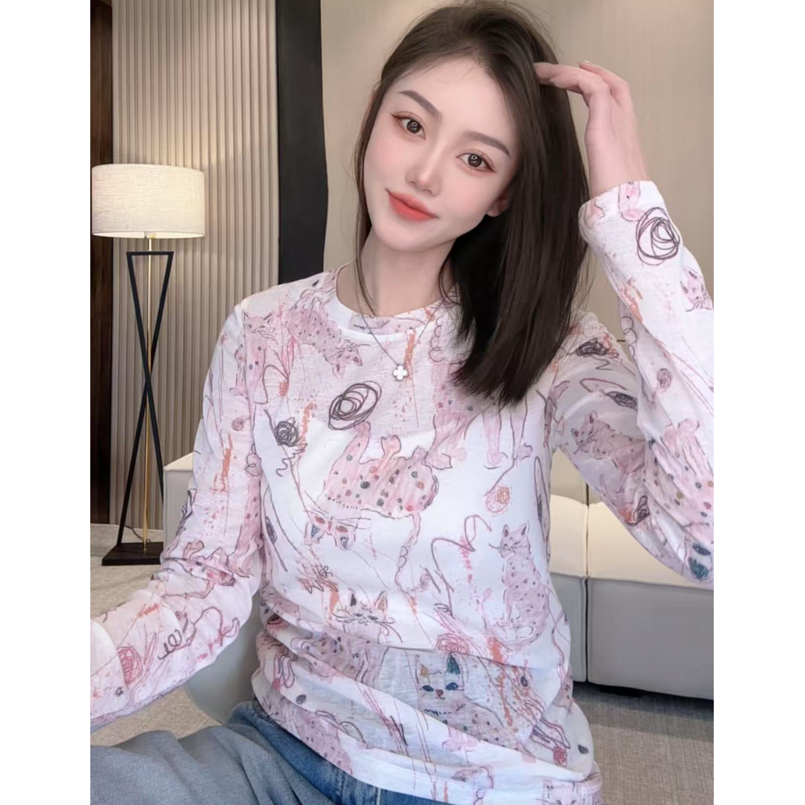 【AILIN】粉色花猫 天丝羊毛碎花显瘦气质长袖针织时尚春季T恤