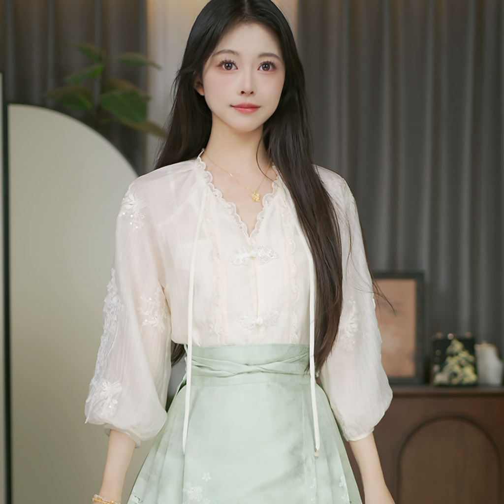 清淮【刺绣长袖】醉雨朵汉元素上衣简约薄款秋季汉服中国风夏款