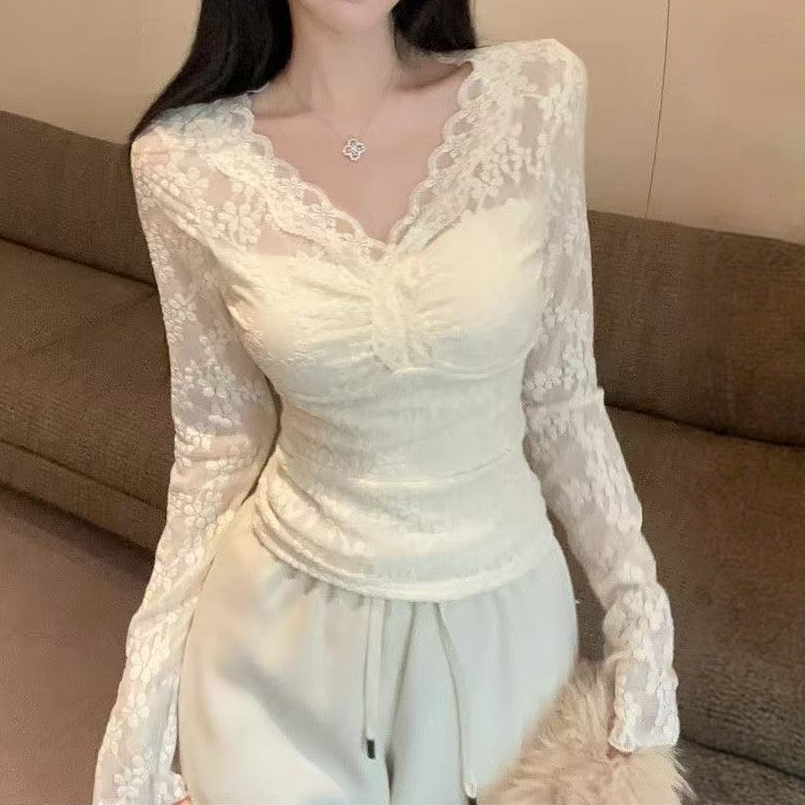 纯欲风性感蕾丝花边v领长袖t恤女秋季紧身短款内搭辣妹风上衣 