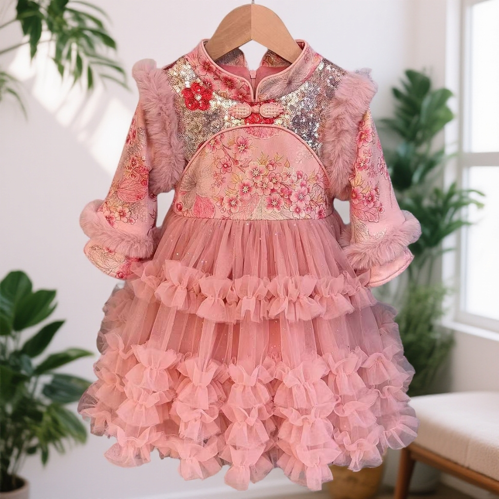 【加绒】2025冬款粉色新中式国风加绒加厚女童公主裙