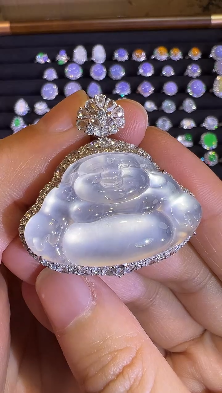 【闪购商品】翡翠吊坠(赠链)18K金镶嵌玻璃种极光白佛公吊坠