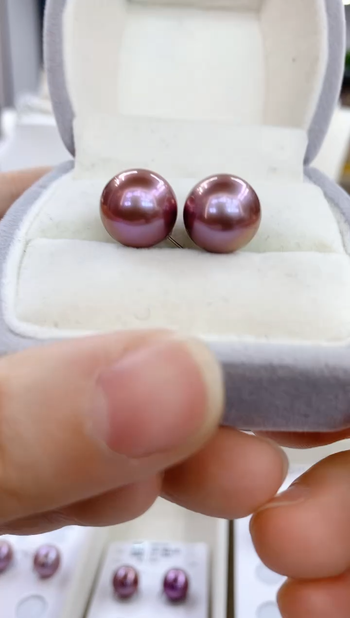 【闪购商品】淡水珍珠耳饰18K金镶嵌淡水耳钉 12-13  霓虹色