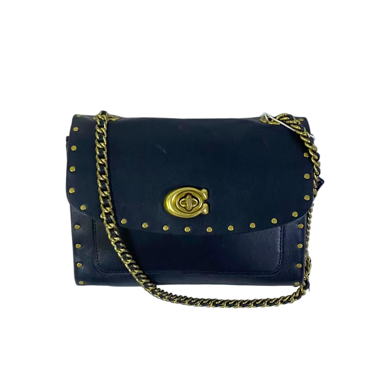 95新 COACH/蔻驰 黑色全皮铆钉气质斜跨包单肩斜挎包SH-31153-A