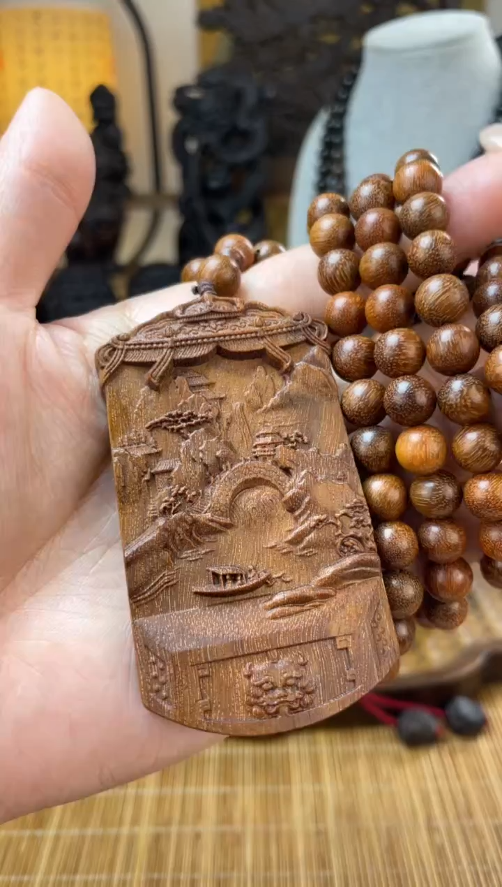 乌木类山水牌精工雕刻+108挂牌