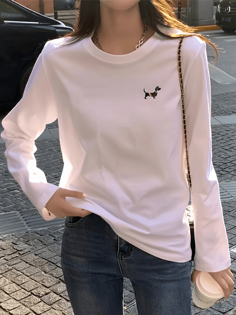 春秋长袖秋衣休闲透气上衣男女同款圆领印花T恤 狗