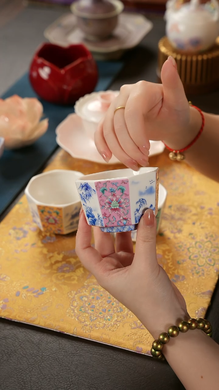 青云茶斋陶瓷茶具粉色八方杯子