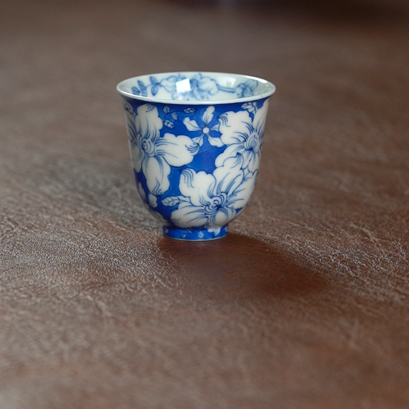 琅轩瓷语景德镇手工手绘釉下云蓝栖鹃玉兰茶具茶杯主人杯客杯