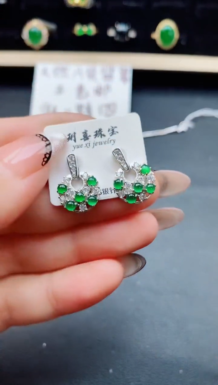 翡翠银S925镶嵌耳饰05805