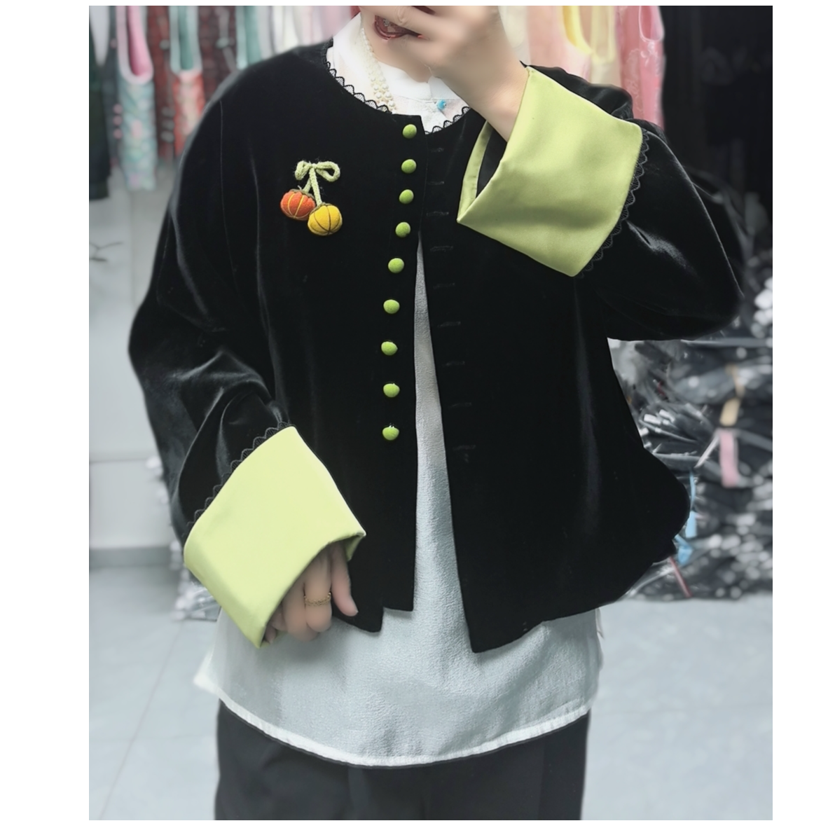 小南瓜~金丝绒外套女2025秋冬新款中式复古撞色减龄宽松短外套