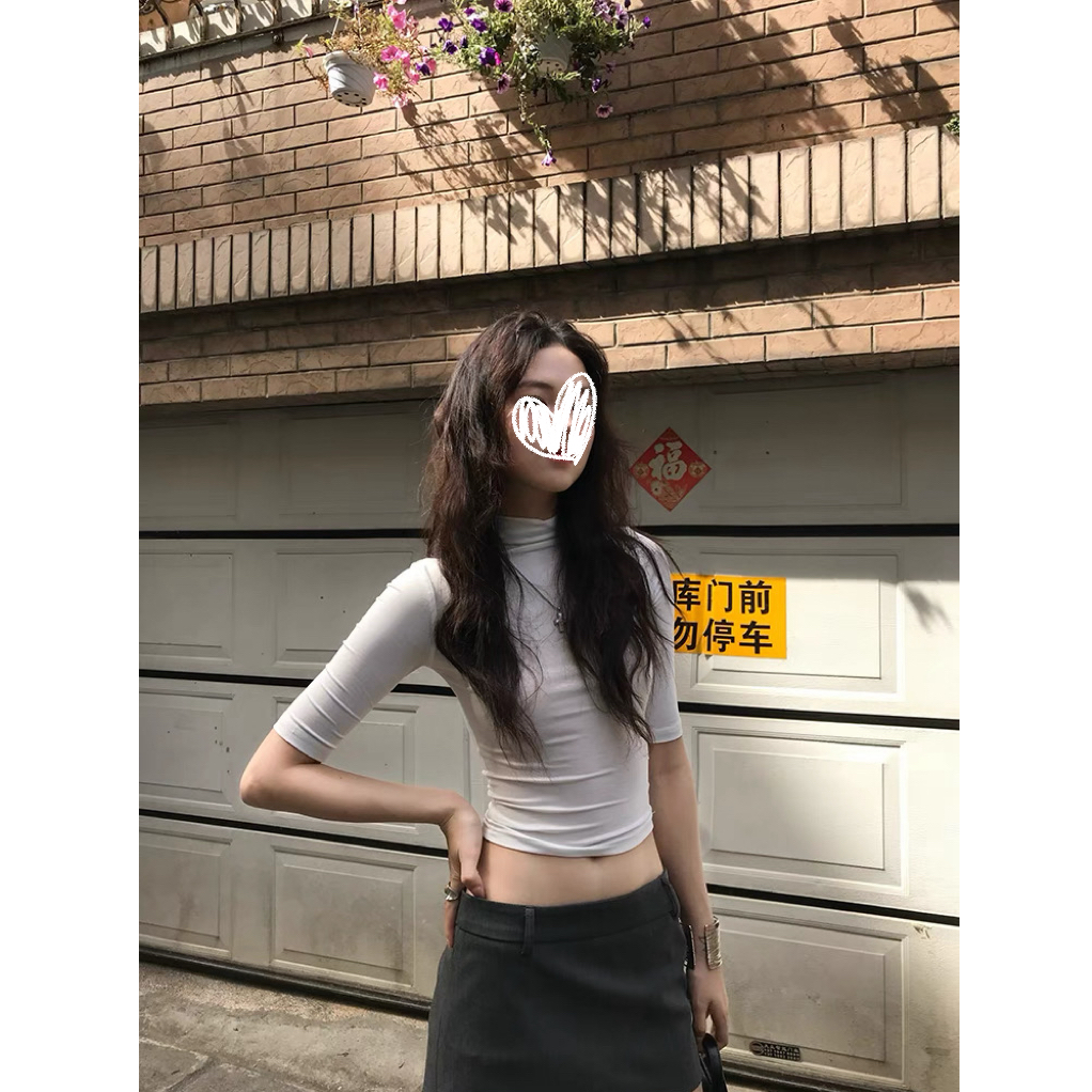 修身短款半高领半袖上衣美式辣妹正肩黑色短袖T恤